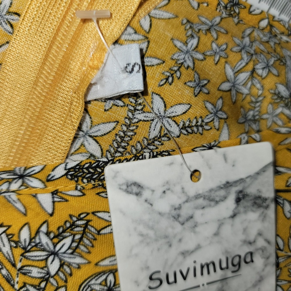 Women's Maxi Yellow Dress Cotton Blend S Boho Floral Prairie Cottage Puff Sleeve - Picture 11 of 14